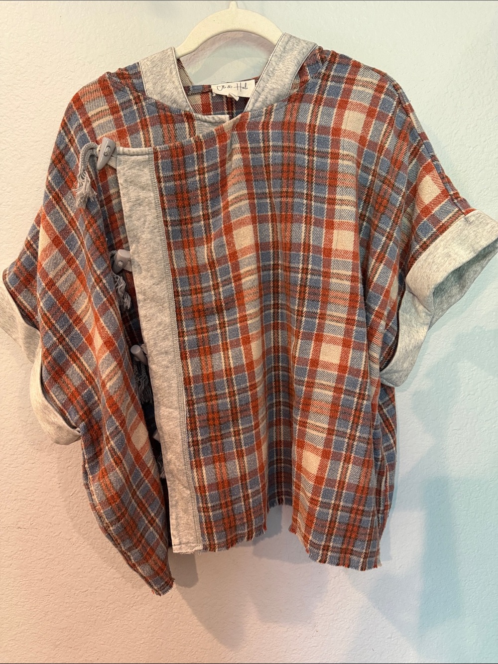 Plaid Tassel-Trim Short Sleeve Top - Rust & Blue - Picture 3 of 5